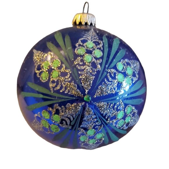 Vintage W Germany Mercury Glass Hand Painted Rhinestone Glitter Ornament Bulb 4"